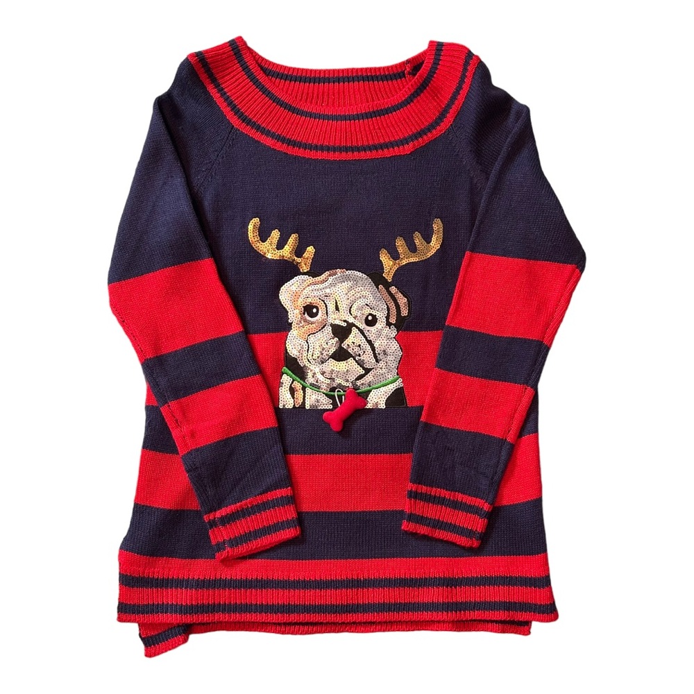 Holiday Time Sequin Bulldog Christmas Sweater - Size M, Blue/Red Multi - Picture 7 of 10